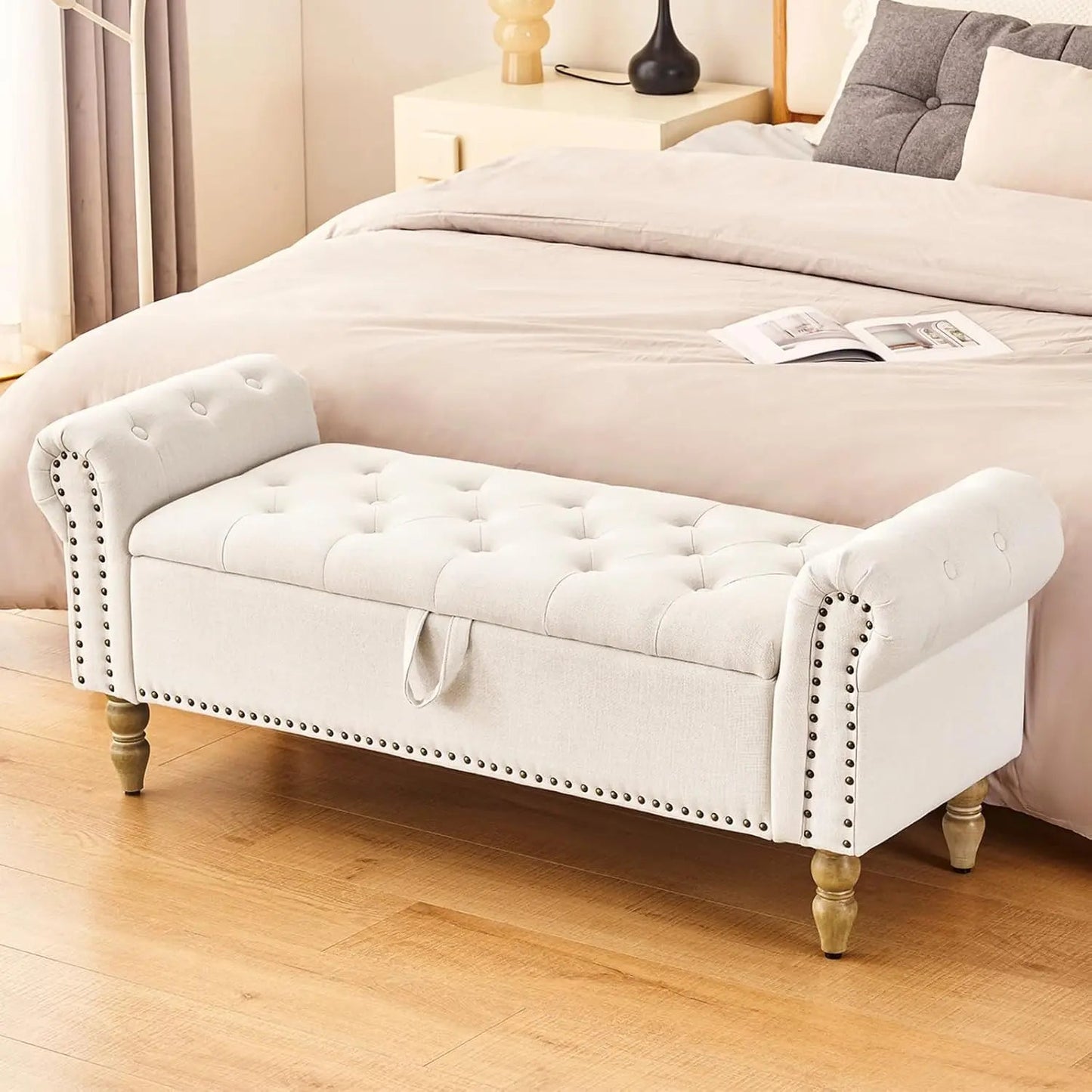 Storage Bedroom Bench for End of Bed, Faux Leather Upholstered Storage Ottoman with Rolled Arms for Bedroom,Living Room, The Gadget Place