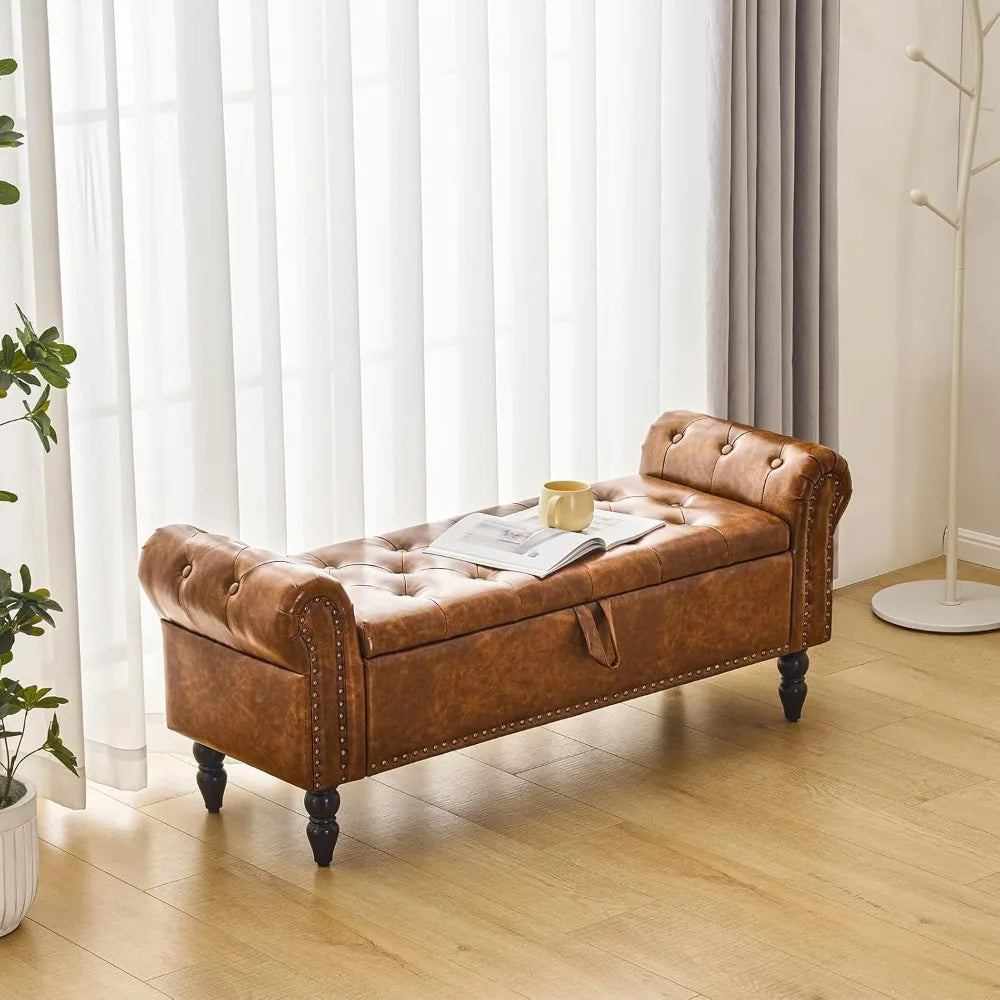 Storage Bedroom Bench for End of Bed, Faux Leather Upholstered Storage Ottoman with Rolled Arms for Bedroom,Living Room, The Gadget Place