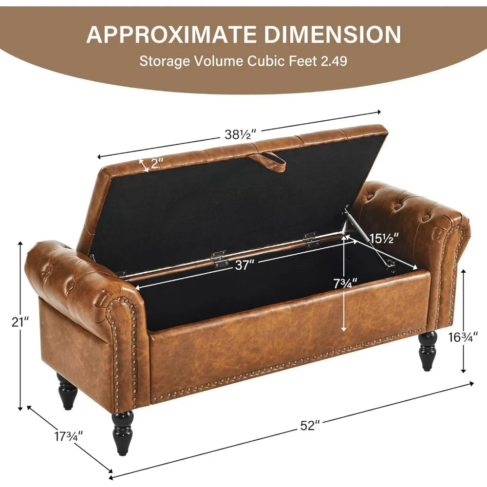 Storage Bedroom Bench for End of Bed, Faux Leather Upholstered Storage Ottoman with Rolled Arms for Bedroom,Living Room, The Gadget Place
