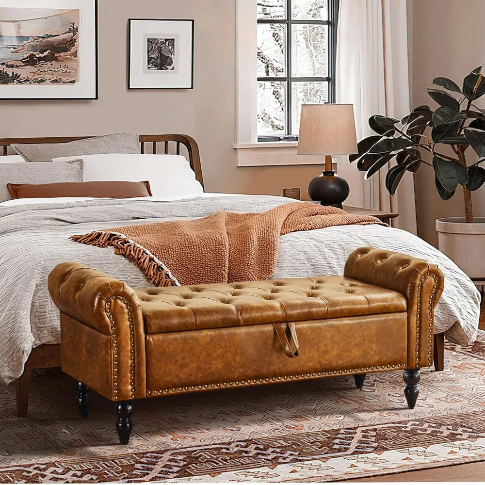 Storage Bedroom Bench for End of Bed, Faux Leather Upholstered Storage Ottoman with Rolled Arms for Bedroom,Living Room, The Gadget Place
