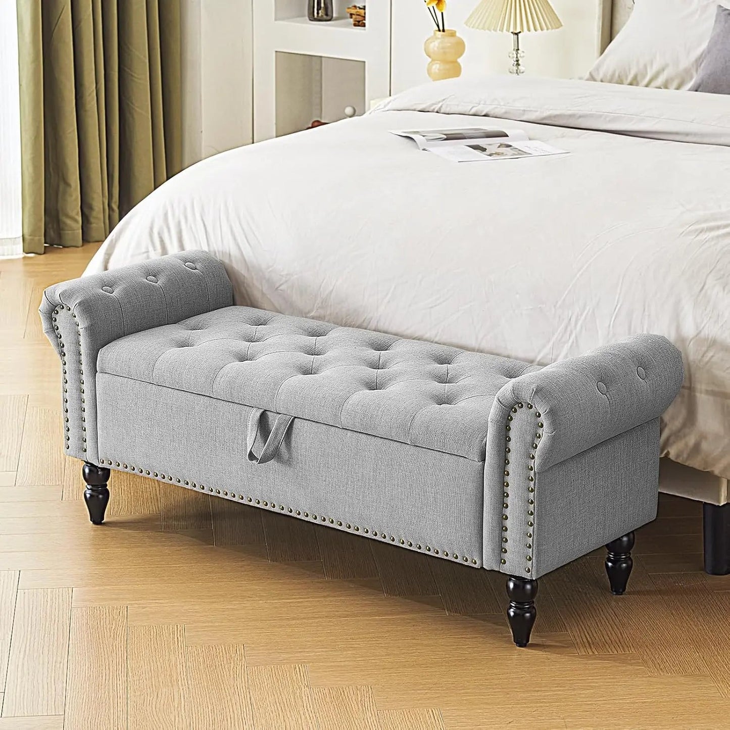 Storage Bedroom Bench for End of Bed, Faux Leather Upholstered Storage Ottoman with Rolled Arms for Bedroom,Living Room, The Gadget Place