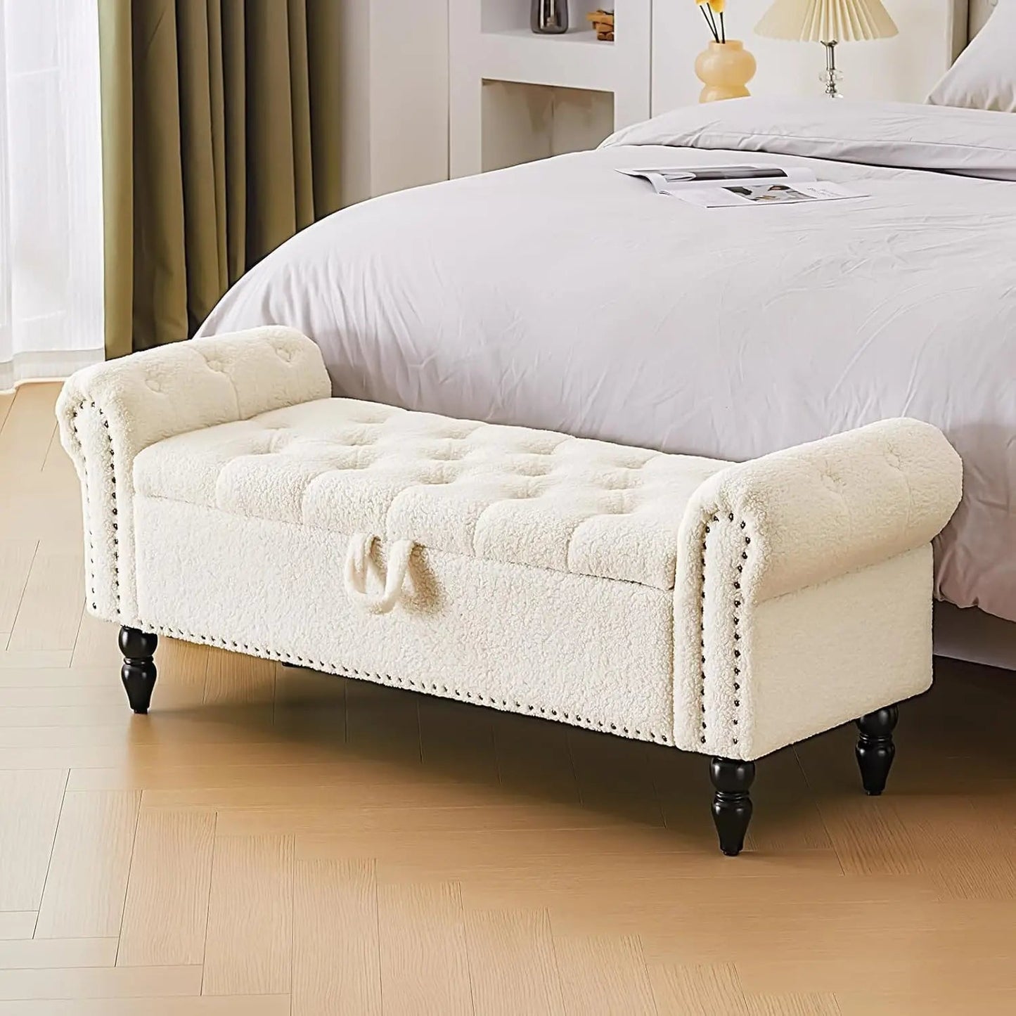 Storage Bedroom Bench for End of Bed, Faux Leather Upholstered Storage Ottoman with Rolled Arms for Bedroom,Living Room, The Gadget Place