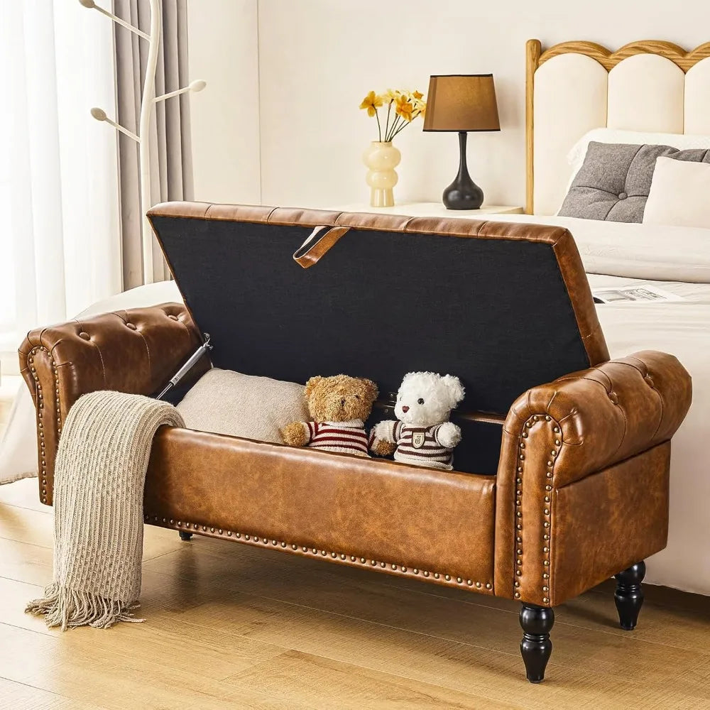 Storage Bedroom Bench for End of Bed, Faux Leather Upholstered Storage Ottoman with Rolled Arms for Bedroom,Living Room, The Gadget Place